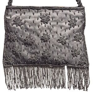 90s Vtg Sasha New York Black Beaded Fringe Crossbody Evening Bag Handbeaded
